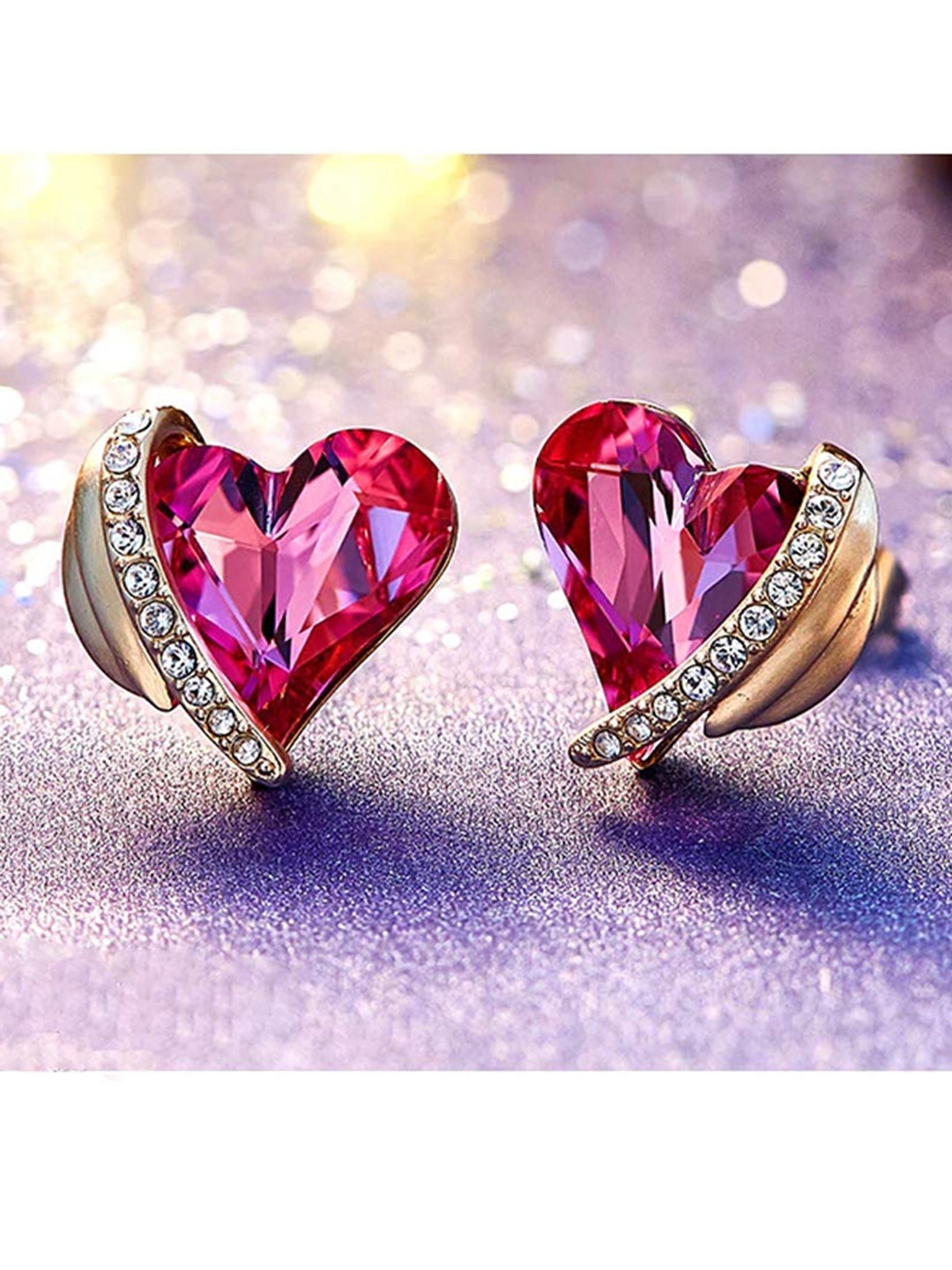 

Yellow Chimes Rose Gold-Plated Pink Swarovski Crystal Studded Heart Shaped Studs