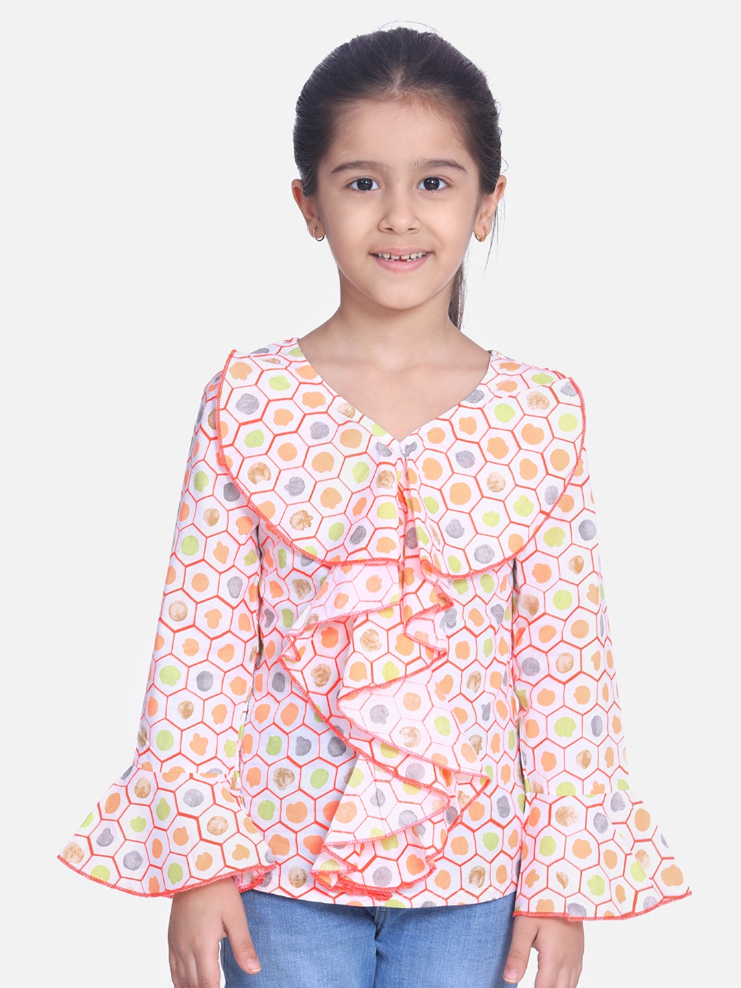 

Cutiekins Girls White & Orange Printed A-Line Top