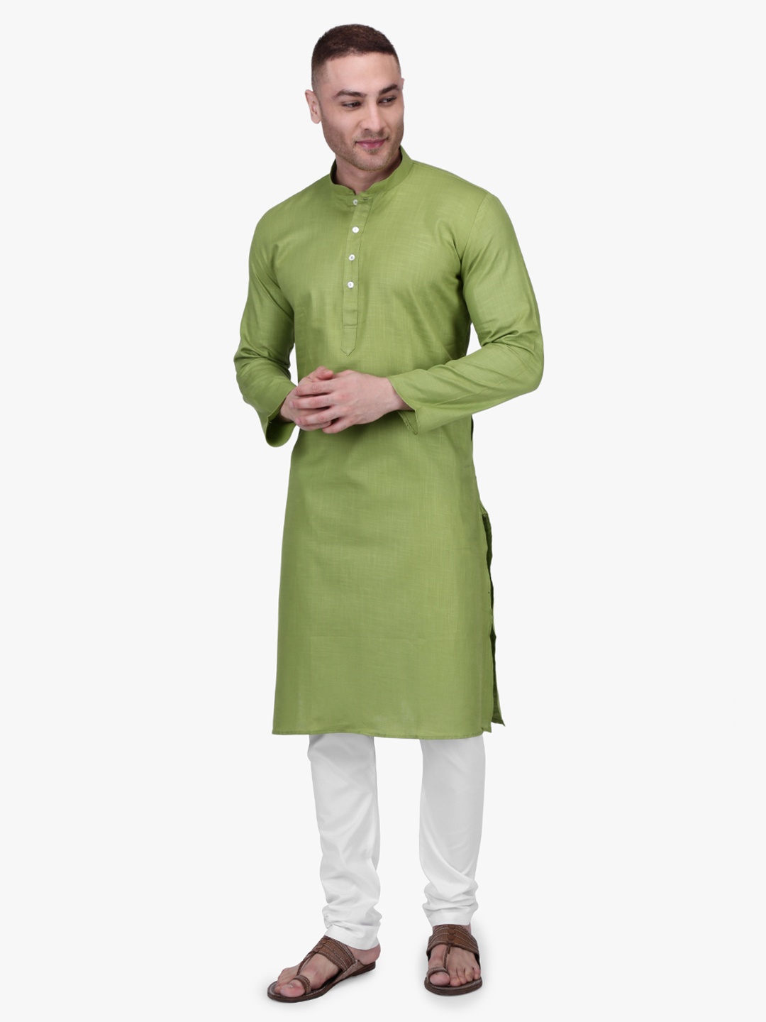 

RAJUBHAI HARGOVINDAS Men Olive Green Solid Straight Kurta