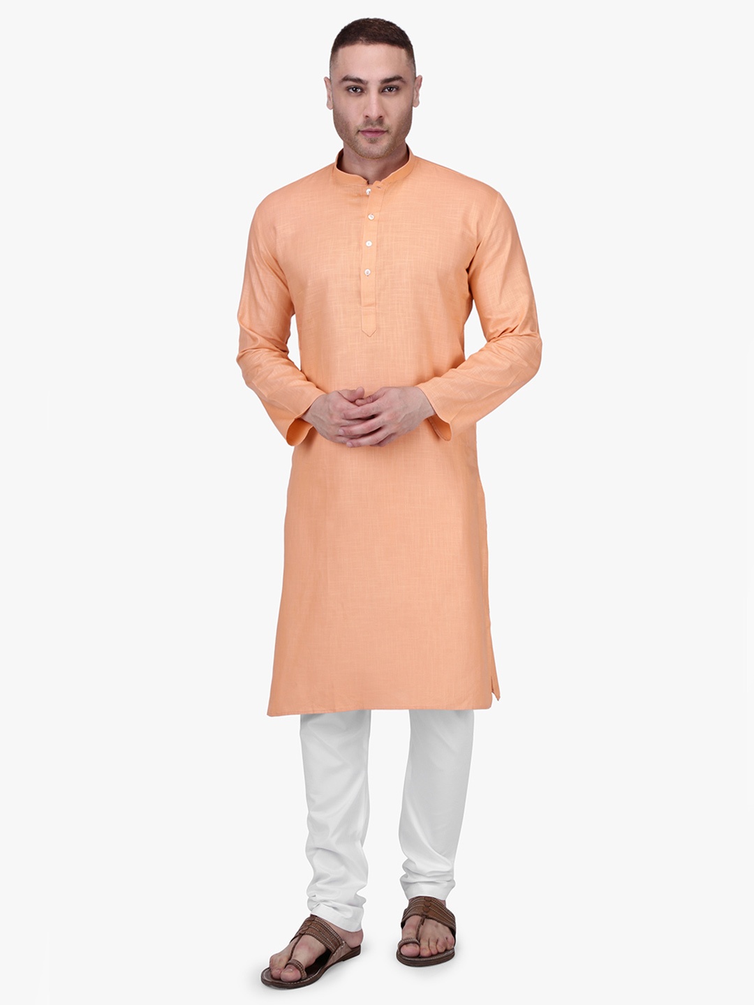 

RAJUBHAI HARGOVINDAS Men Peach Solid Straight Kurta