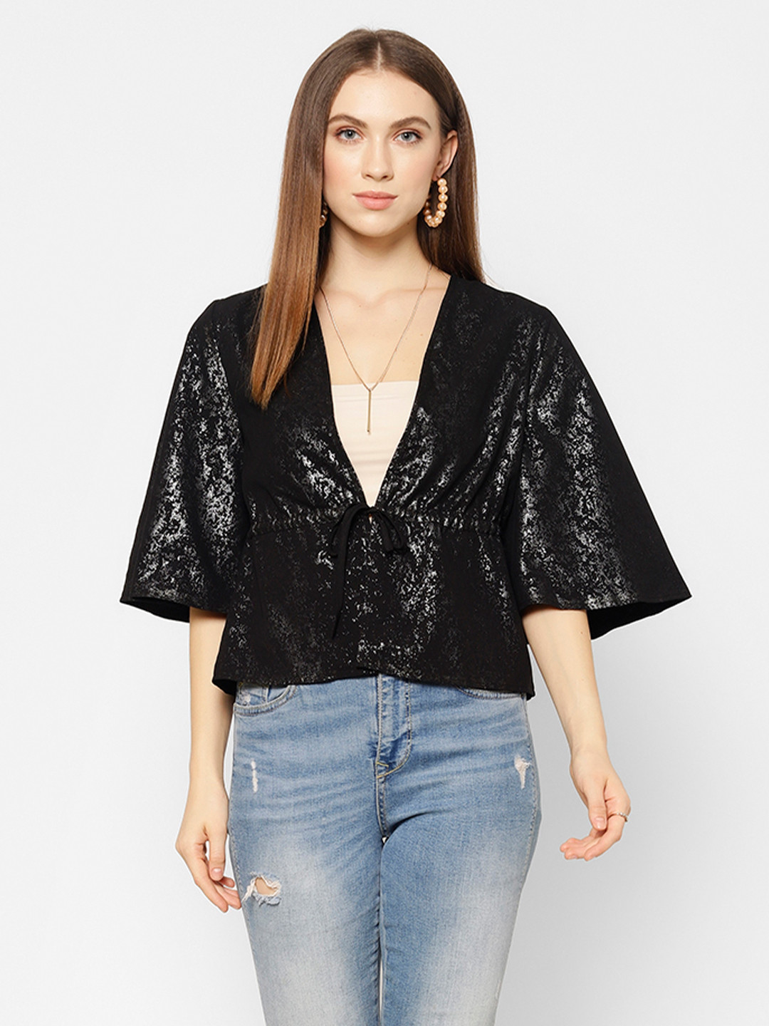 

HOUSE OF KKARMA Women Black Self-Design Shimmery Tie-Up Shrug