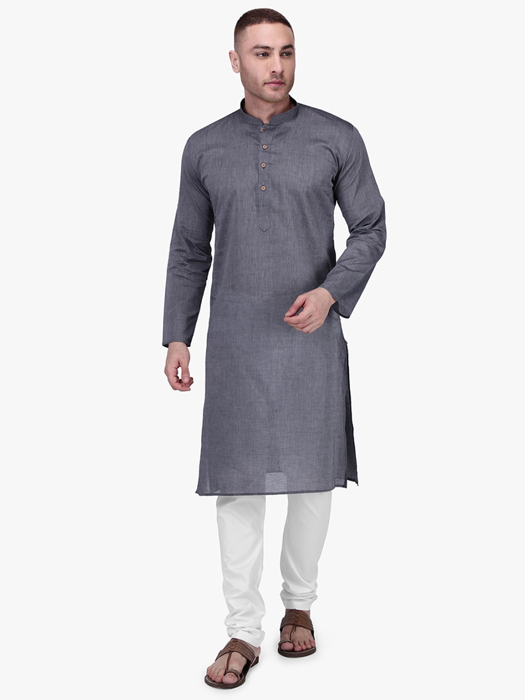

RAJUBHAI HARGOVINDAS Men Grey Solid Straight Kurta