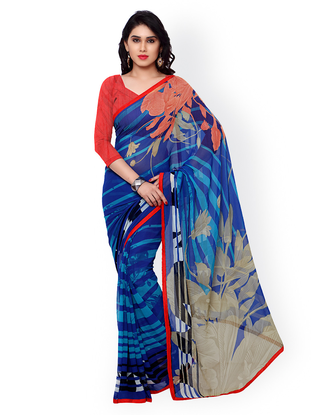 

Kalista Blue Georgette Floral Print Saree