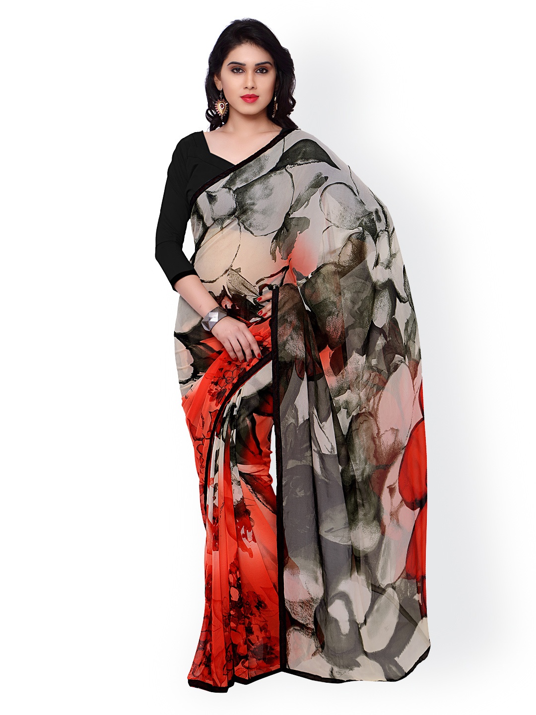 

Kalista Grey & Red Georgette Floral Print Saree