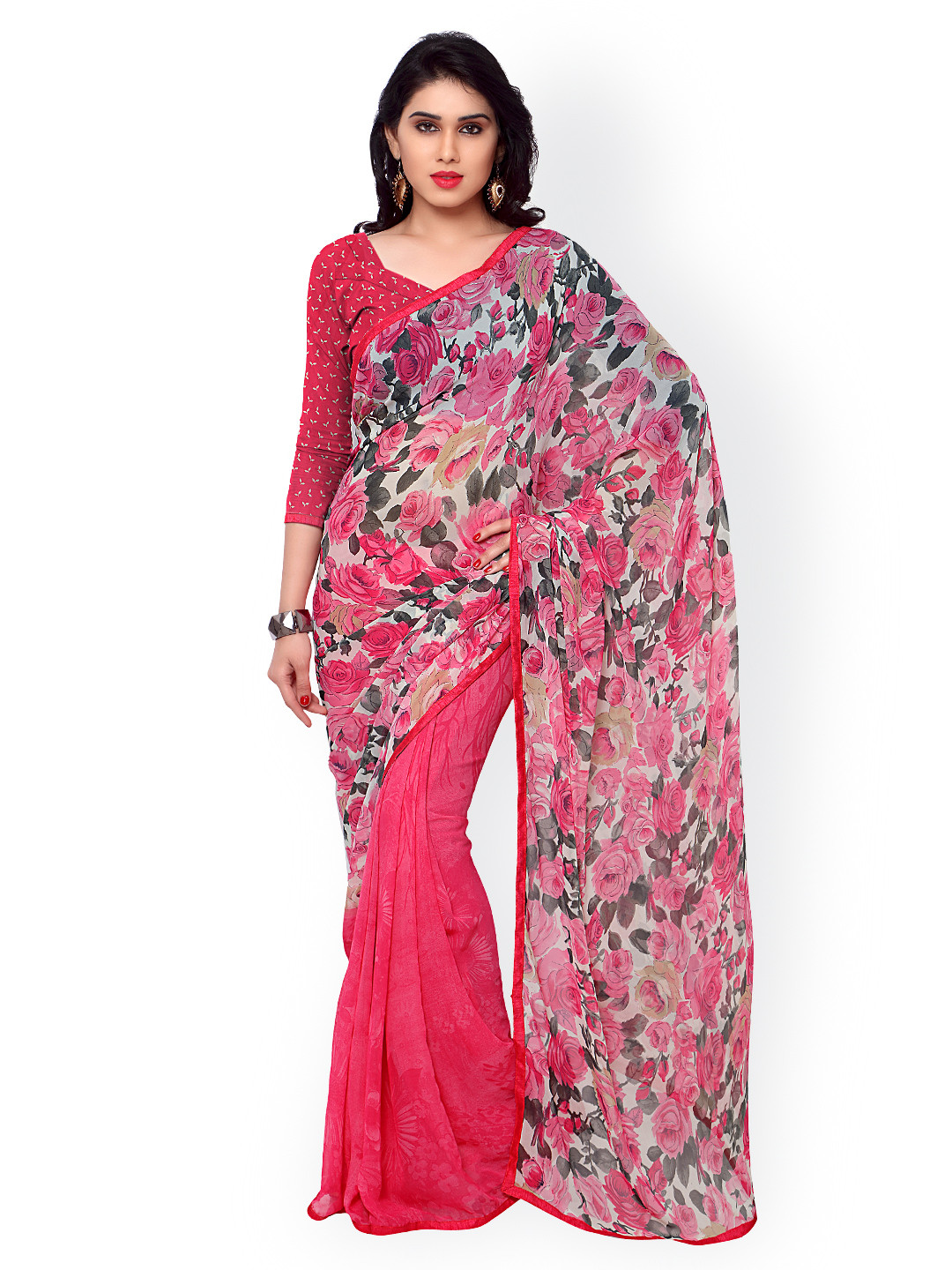 

Kalista Pink Georgette Floral Print Saree