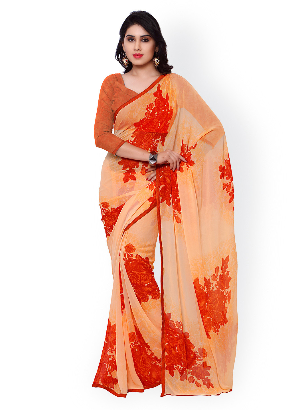 

Kalista Orange Georgette Floral Print Saree