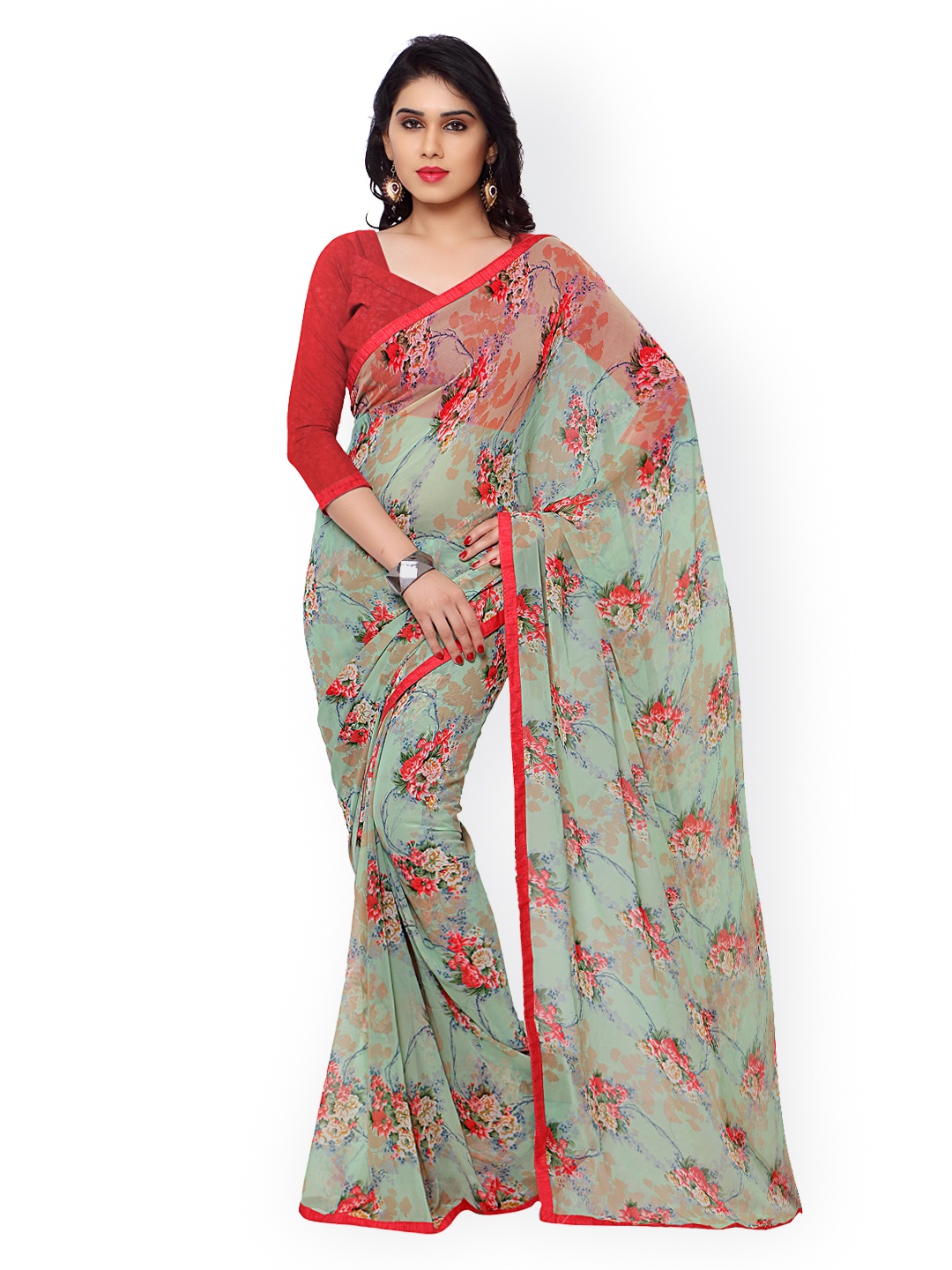 

Kalista Sea Green Georgette Floral Print Saree