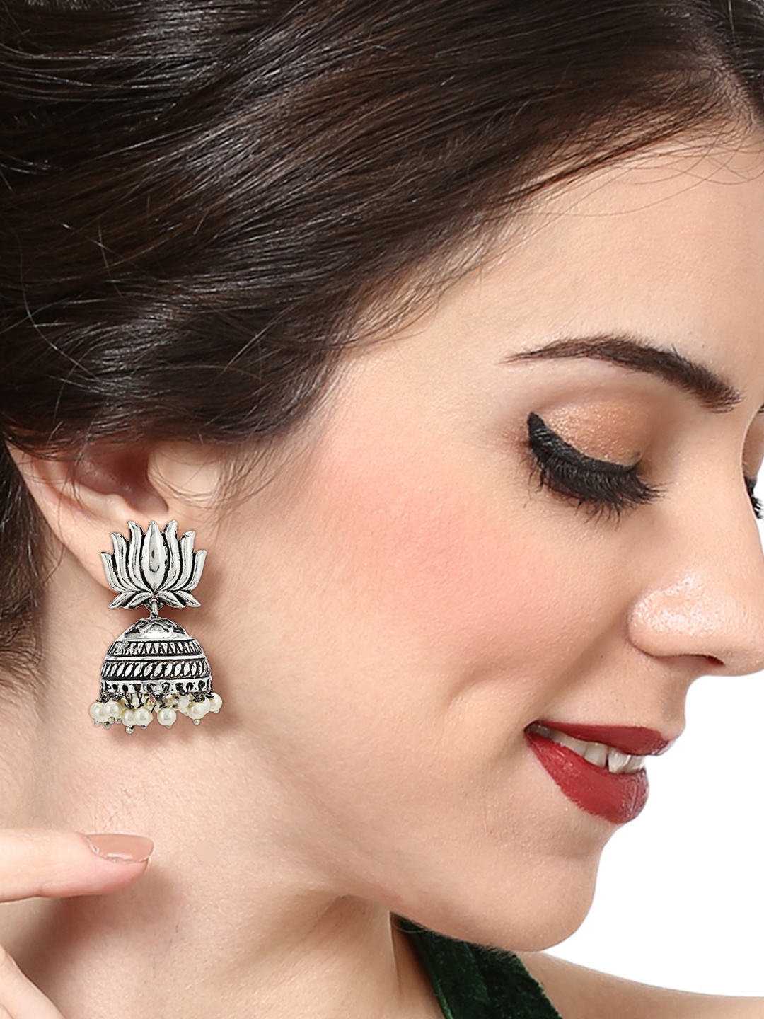 

Estele Silver-Toned Rhodium-Plated Contemporary Jhumkas