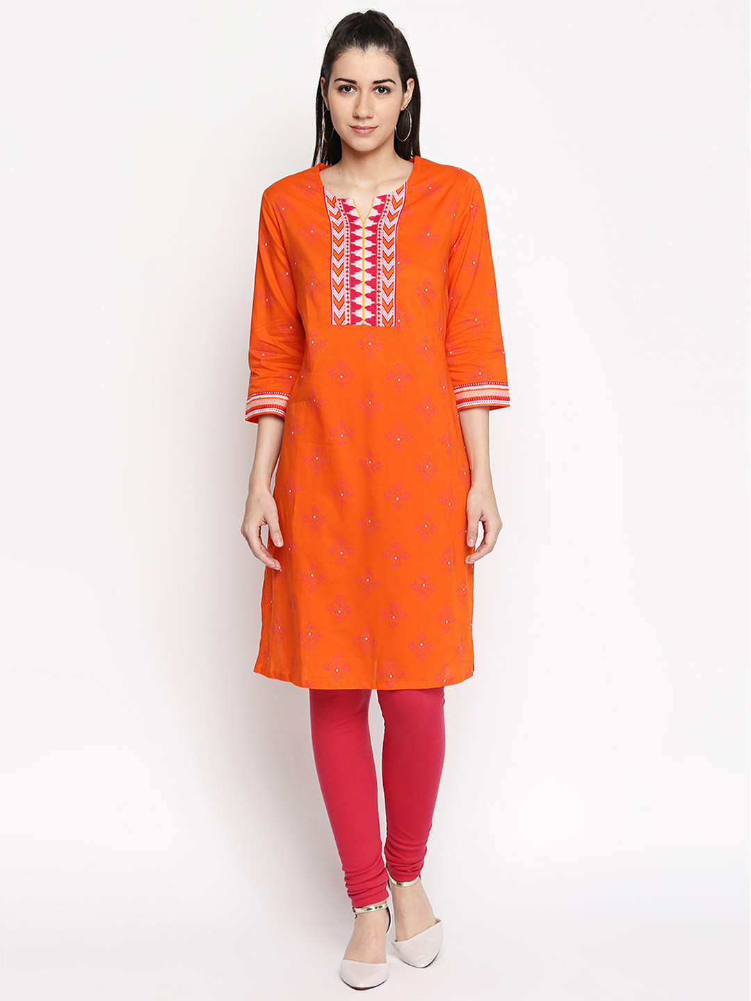 

RANGMANCH BY PANTALOONS Women Orange & White Woven Design Straight Kurta