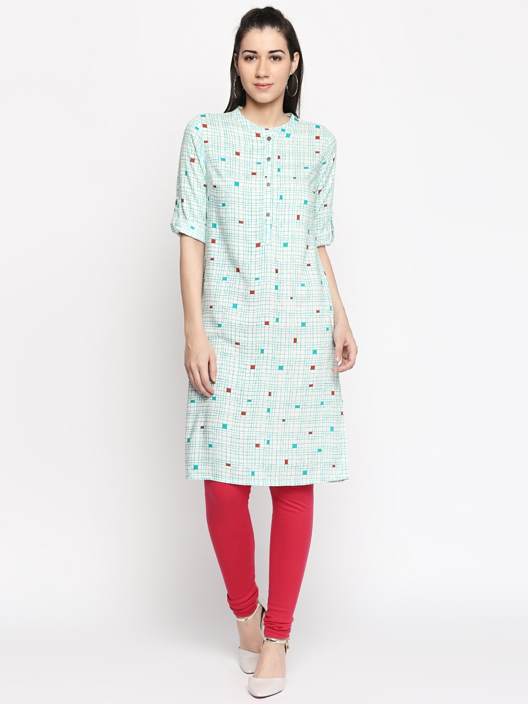 

RANGMANCH BY PANTALOONS Women Off-White & Blue Checked A-Line Kurta