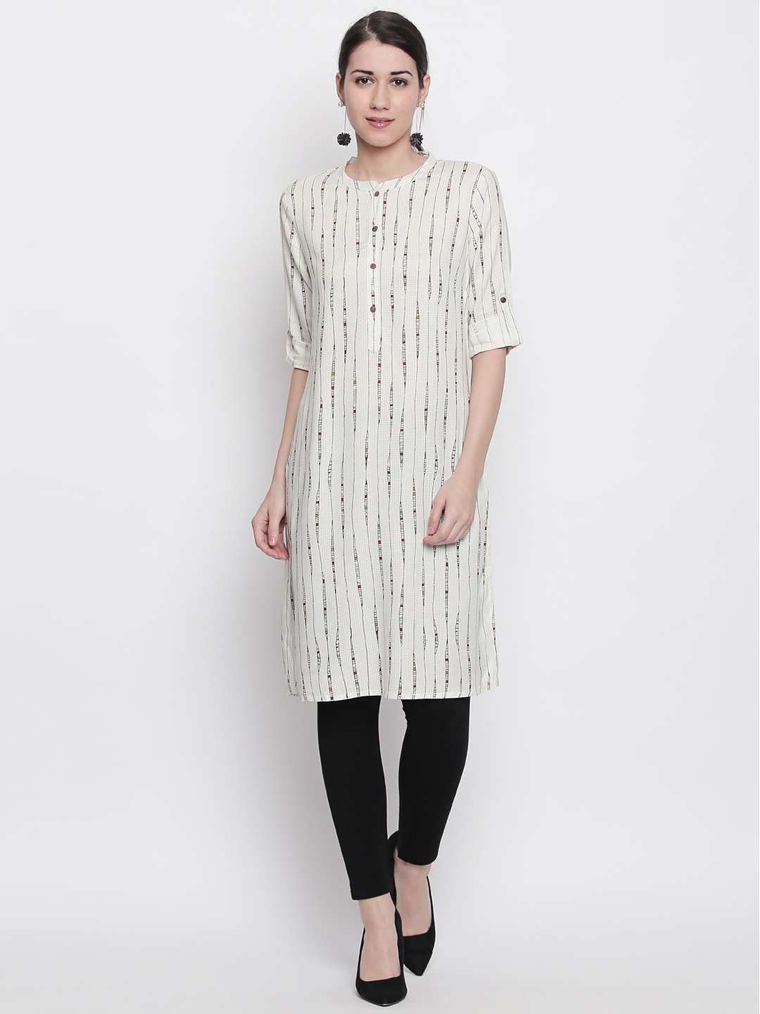 

RANGMANCH BY PANTALOONS Women Off-White & Black Printed Straight Kurta