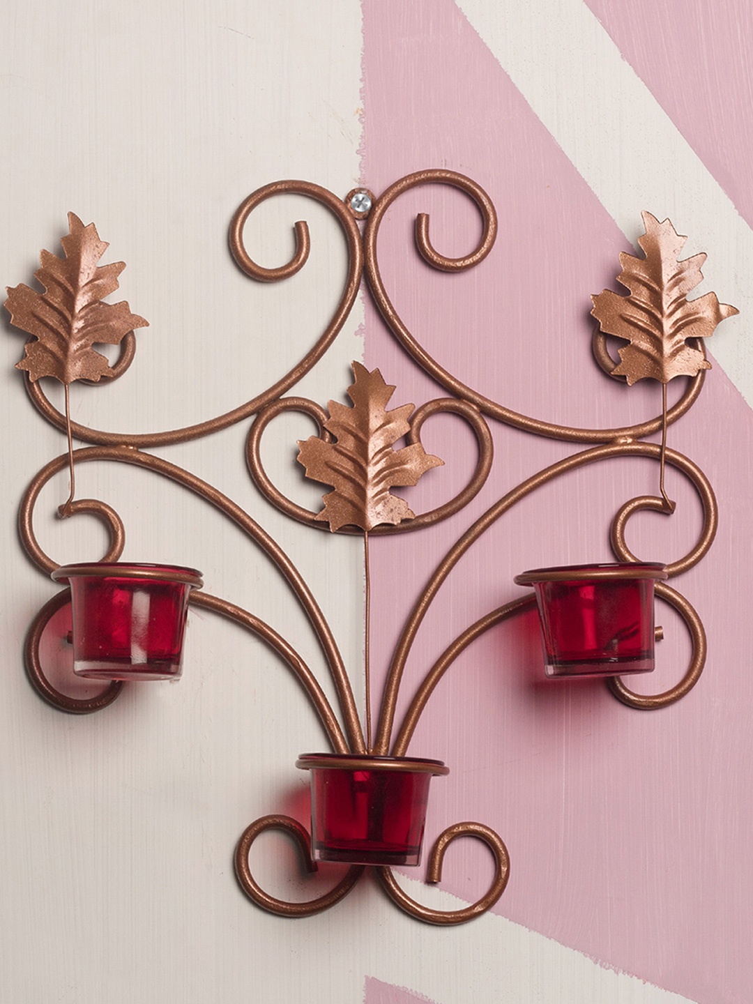 

Home Sparkle Copper-Toned & Red Iron Tealight Candle Holders with 3 Glass Cups