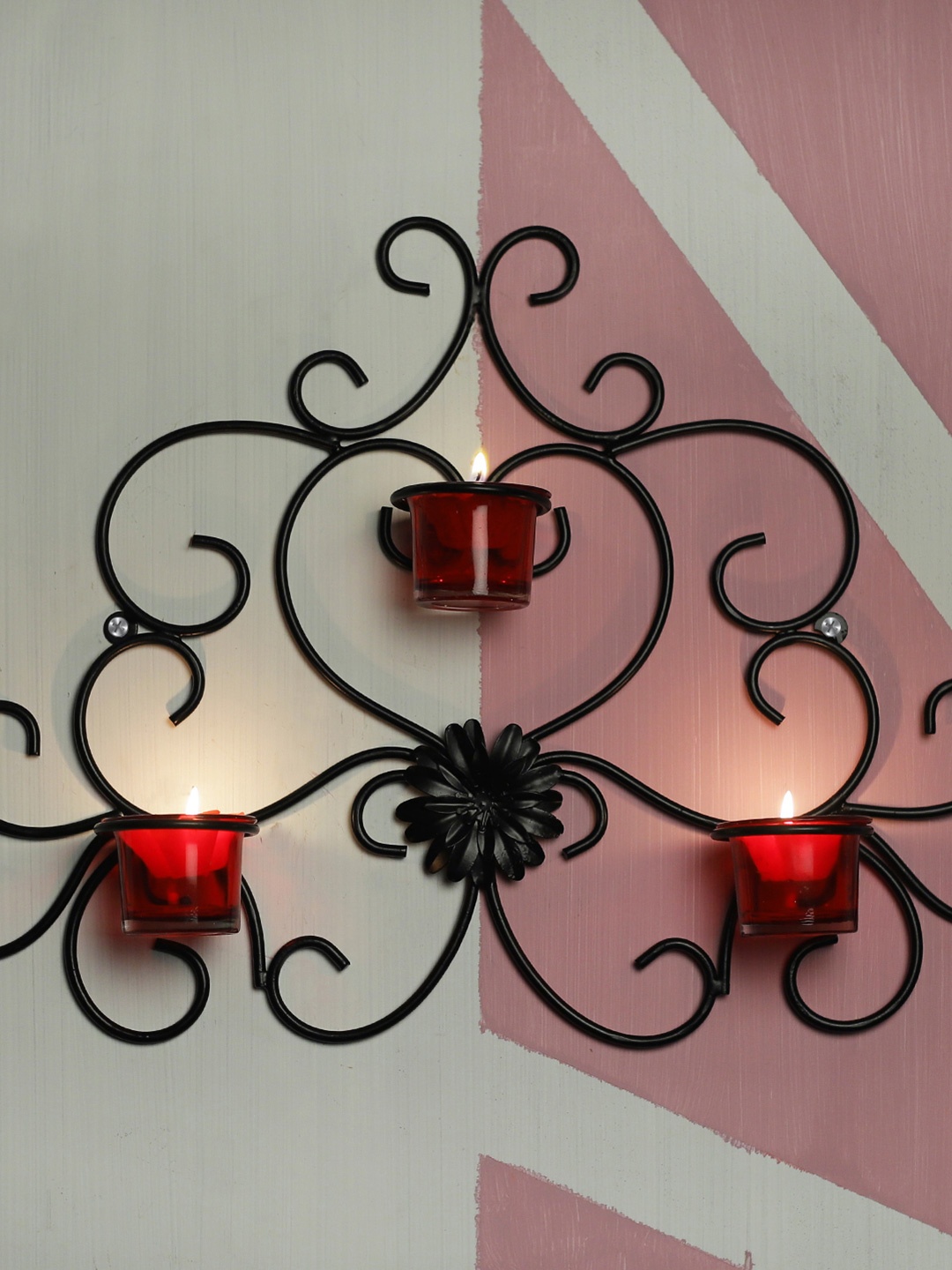 

Home Sparkle Black & Red Iron Tealight Candle Holders With 3 Glass Cups