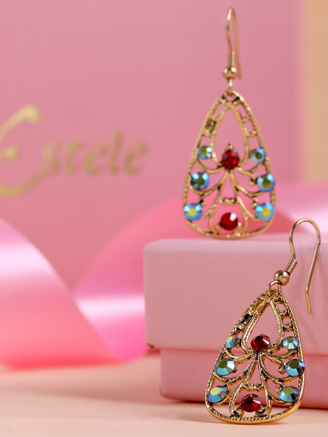 

Estele Gold-Plated & Red Crystal Contemporary Drop Earrings