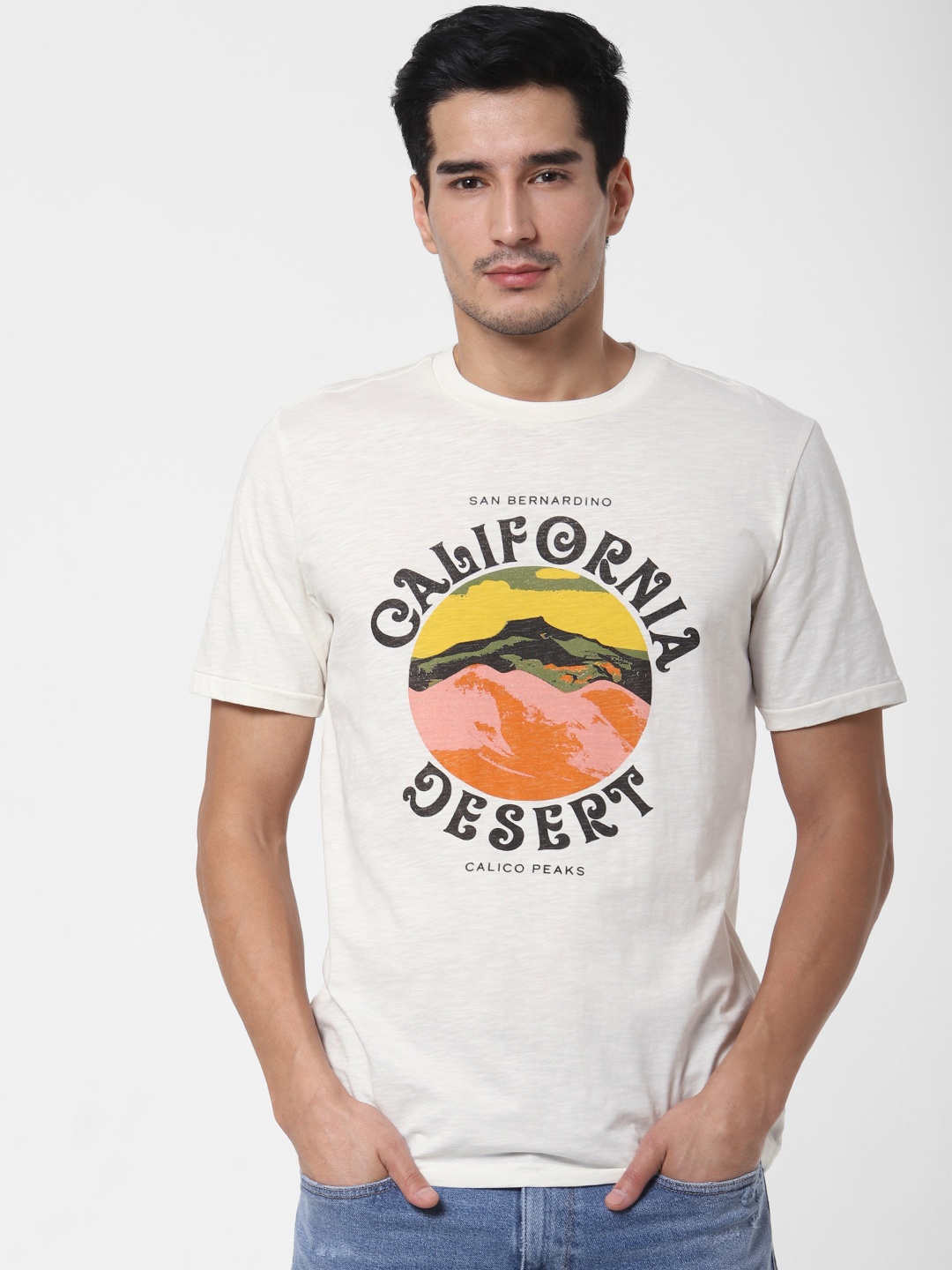

SELECTED Men White Printed Round Neck Organic Cotton T-shirt