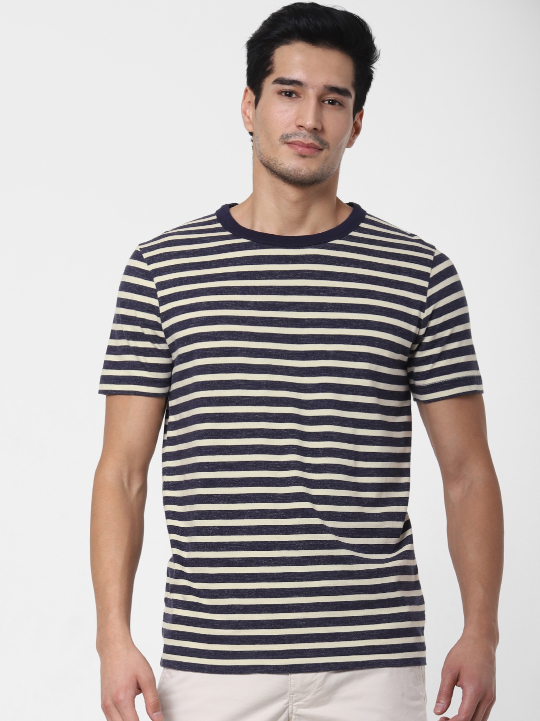 

SELECTED Men Navy Blue Off-White Striped Round Neck Organic Cotton T-shirt