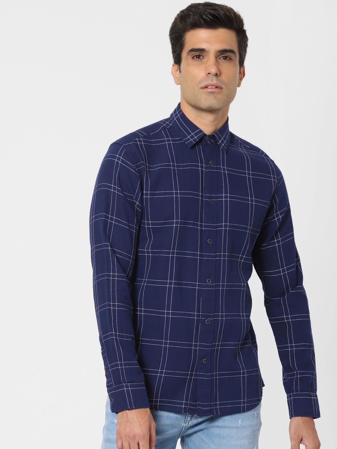 

SELECTED Men Blue & White Regular Fit Checked Casual Shirt