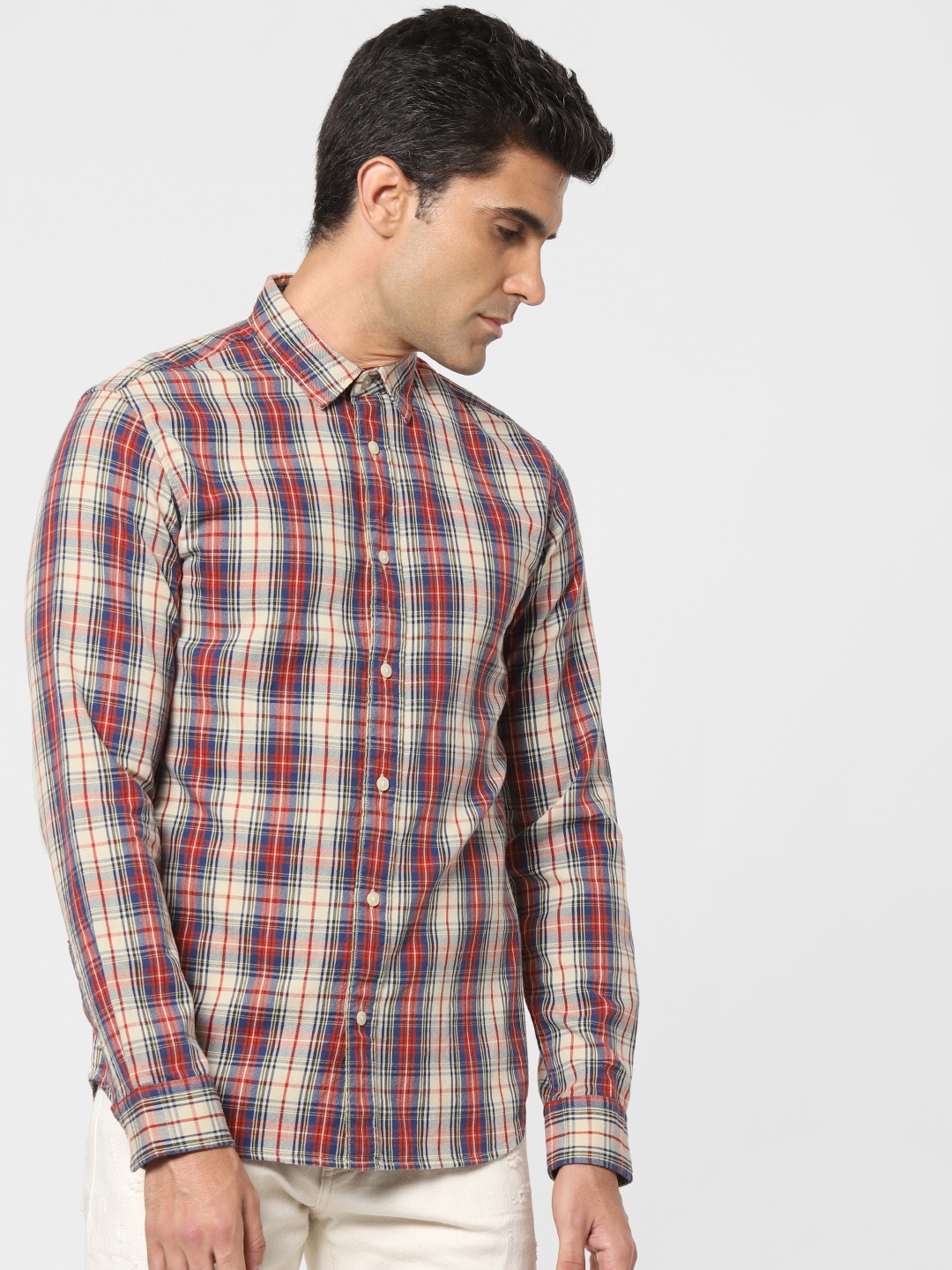 

SELECTED Men Off-White & Red Slim Fit Organic Cotton Checked Casual Shirt