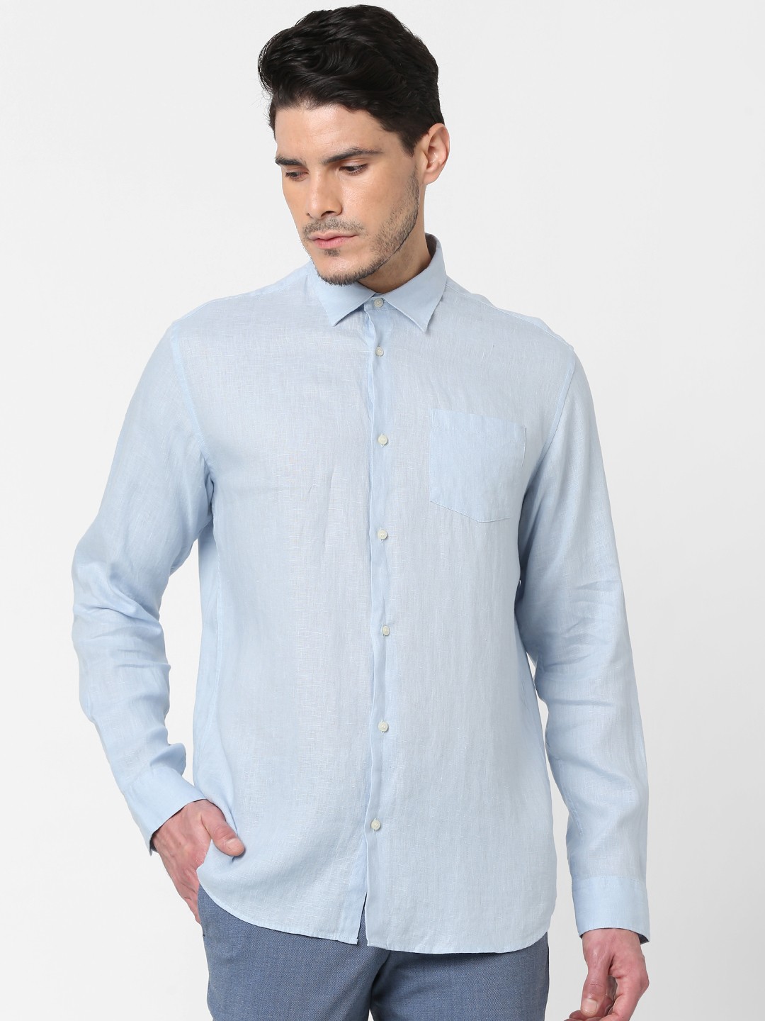 

SELECTED Men Blue Regular Fit Solid Opaque Pure Linen Casual Shirt