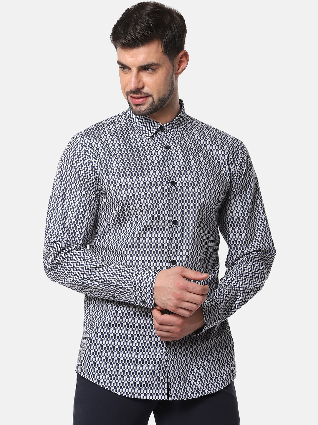 

SELECTED Men Blue & White Slim Fit Checked Casual Organic Cotton Shirt