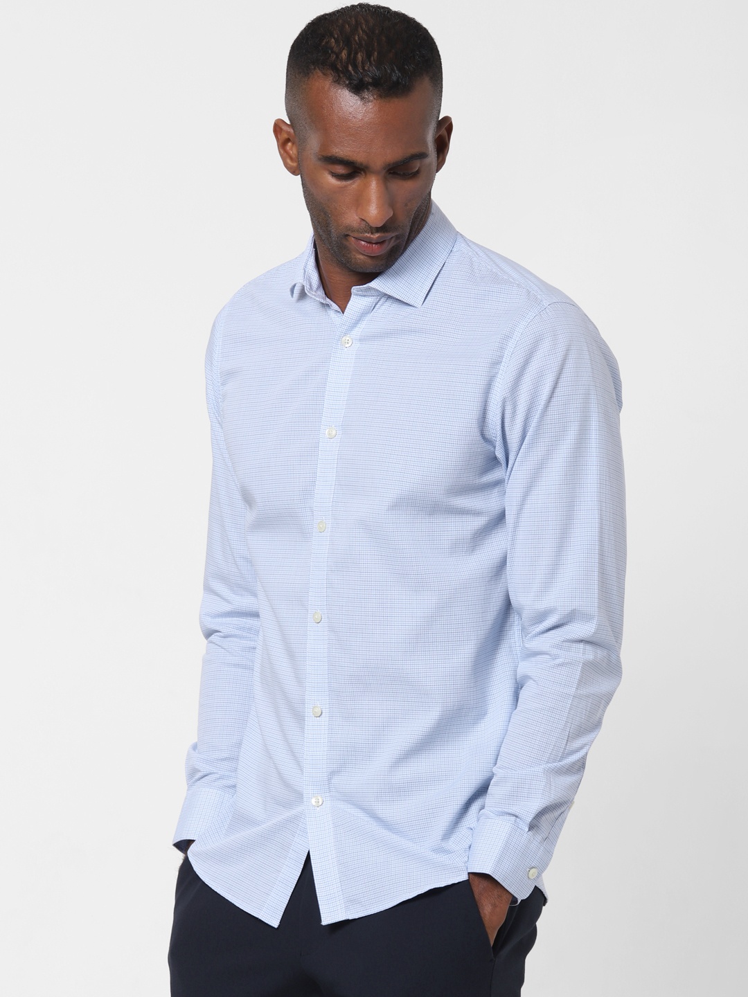 

SELECTED Men Blue & White Slim Fit Organic Cotton Checked Casual Shirt