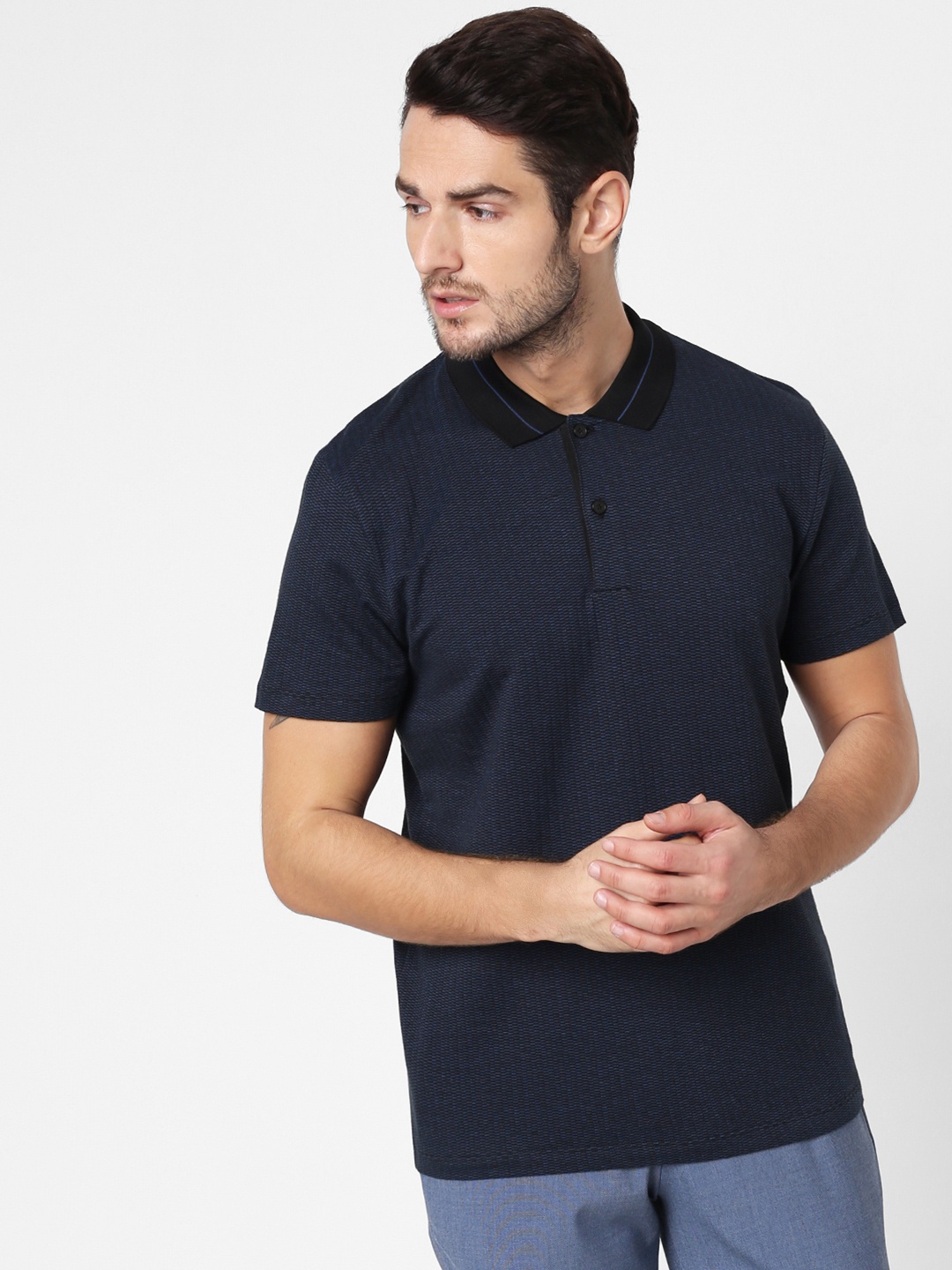 

SELECTED Men Black & Navy Blue Polo Collar Organic Cotton T-shirt