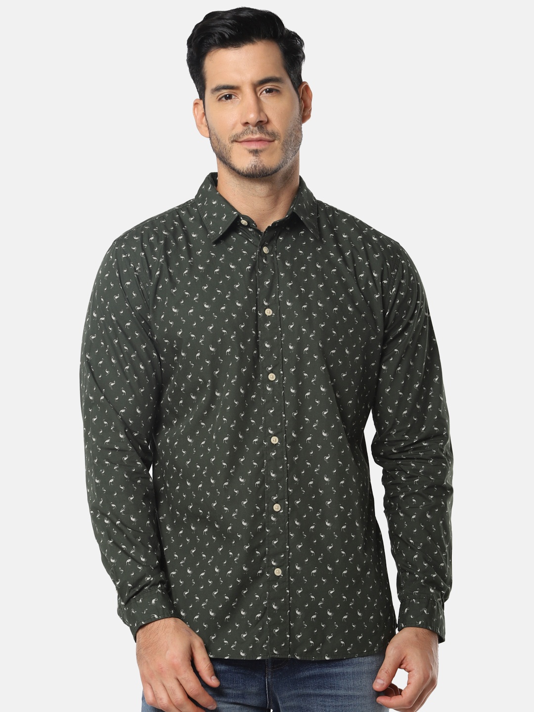 

SELECTED Men Olive Green & White Slim Fit Printed Organic Cotton Casual Shirt