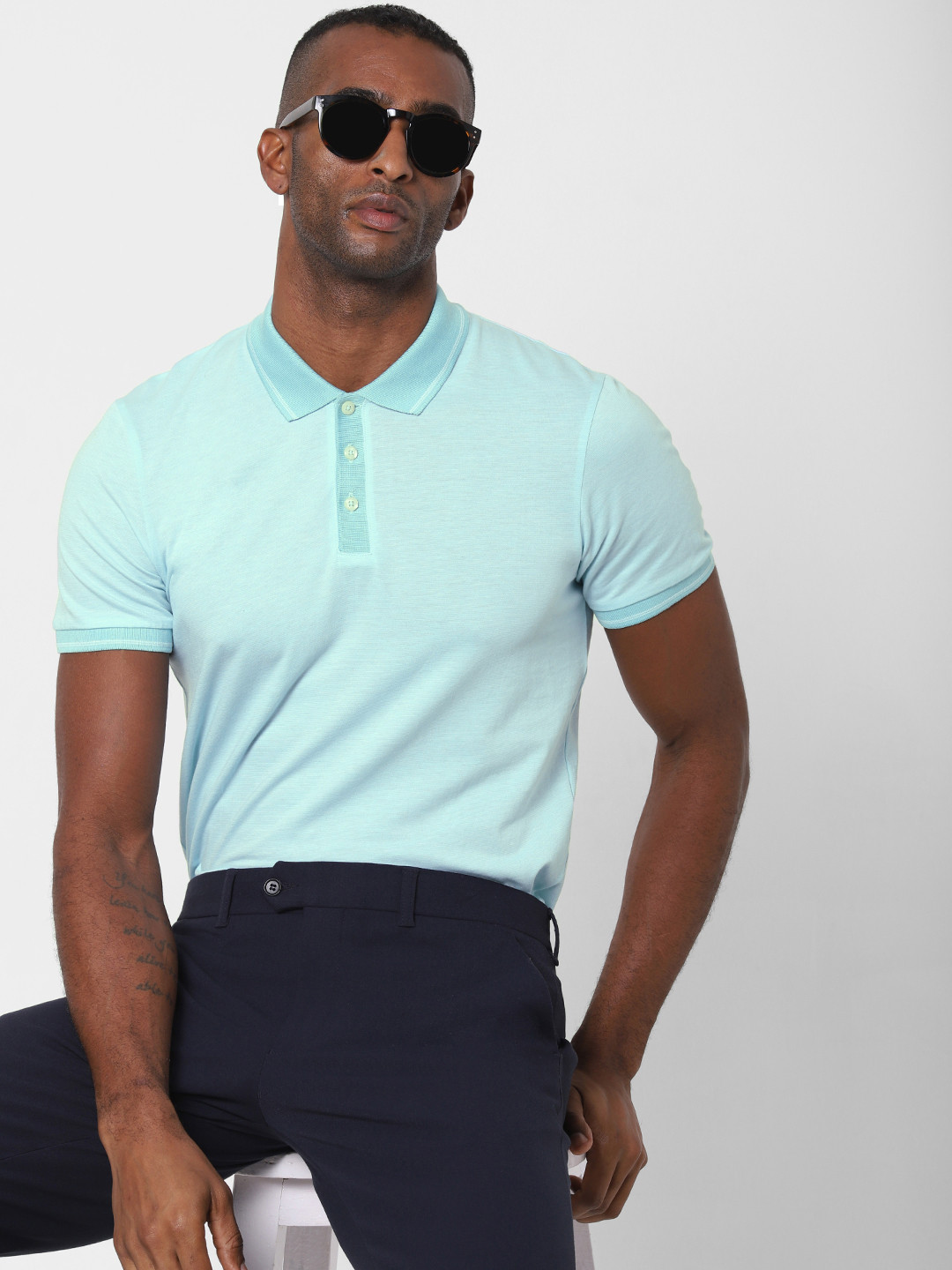

SELECTED Men Blue Solid Polo Collar Organic Cotton T-shirt
