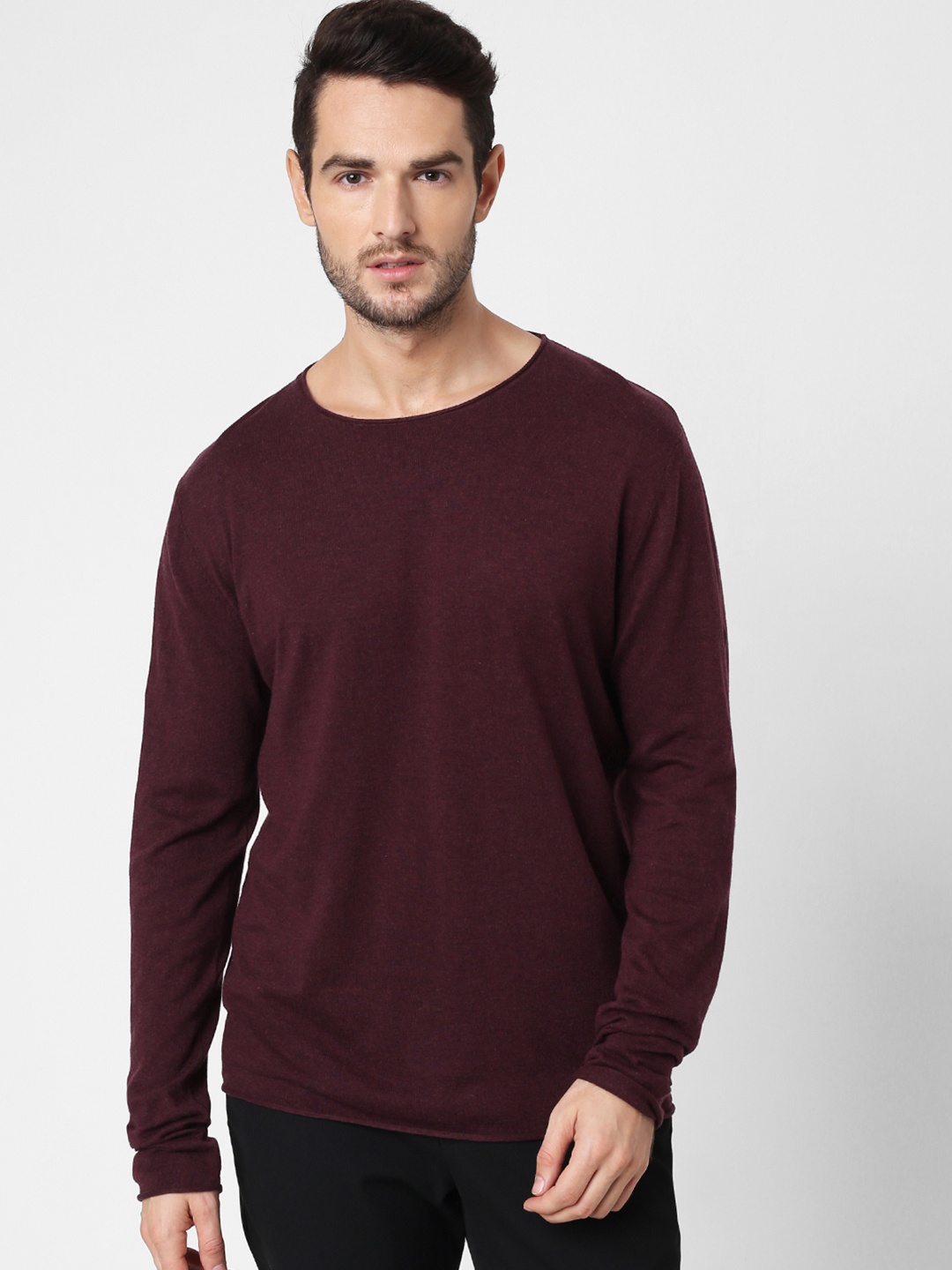 

SELECTED Men Purple Solid Round Neck Sweatshirt