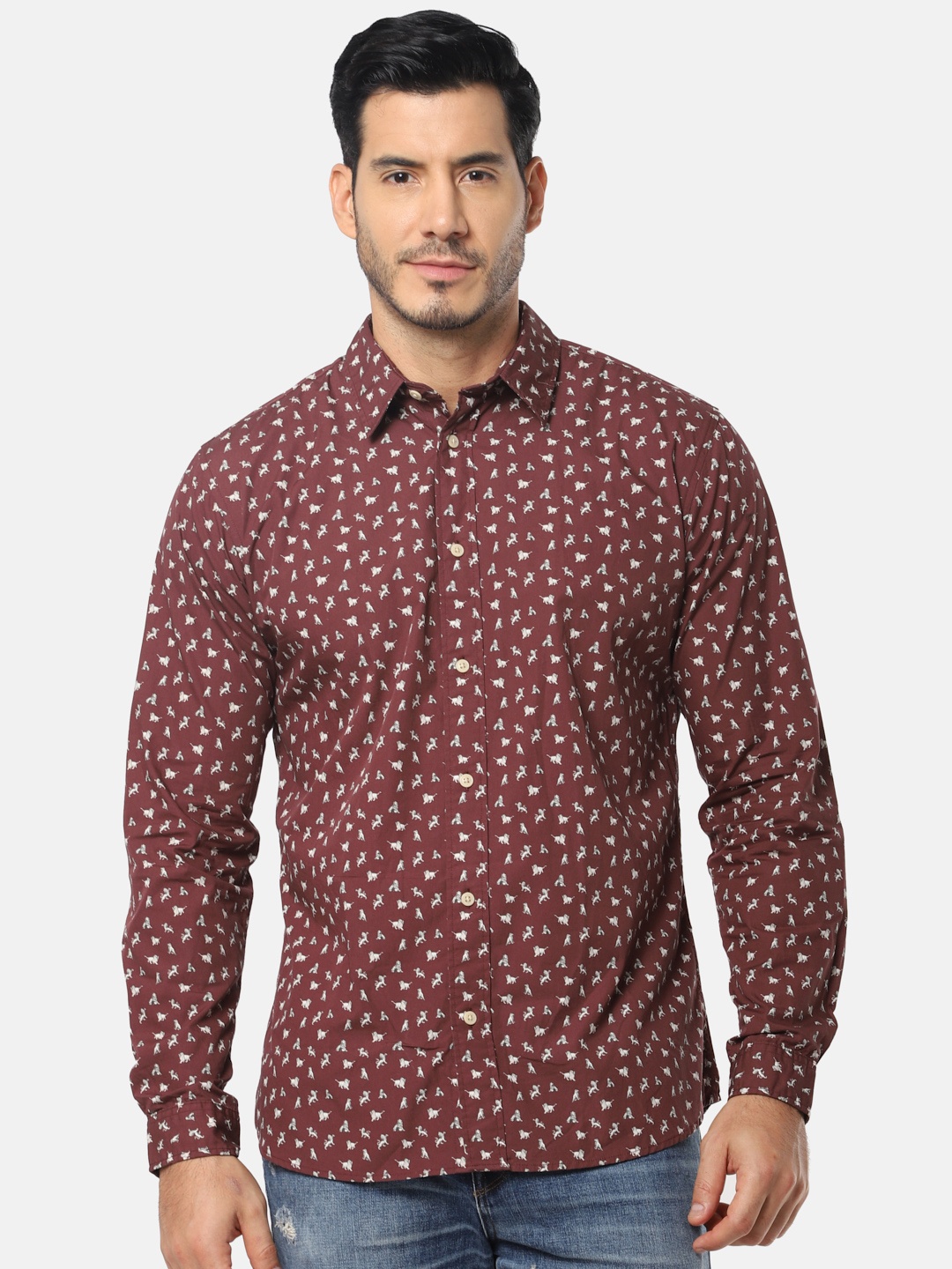 

SELECTED Men Maroon & White Slim Fit Printed Casual Shirt