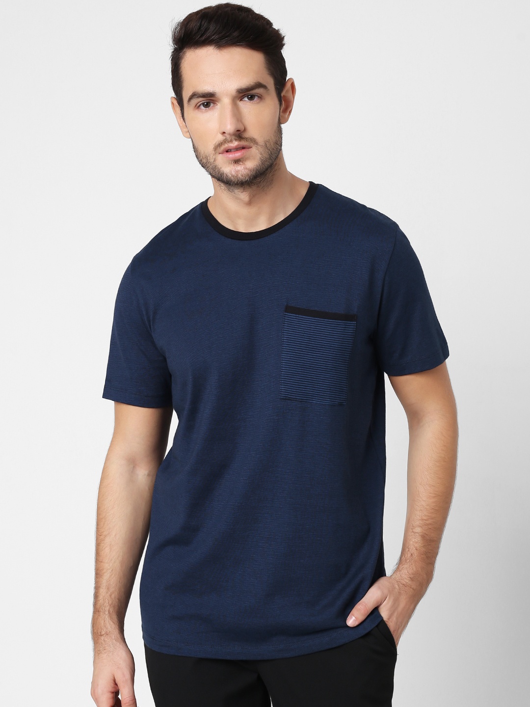 

SELECTED Men Navy Blue Black Self-Striped Round Neck Pure Cotton T-shirt with Pocket Detailing