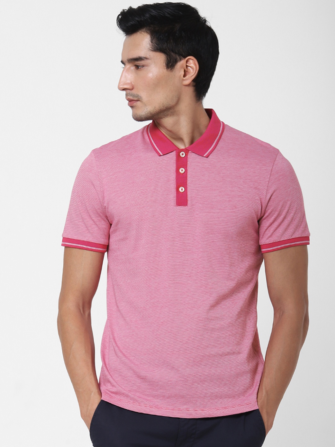 

SELECTED Men Pink Self Stripe Polo Collar Pure Cotton T-shirt