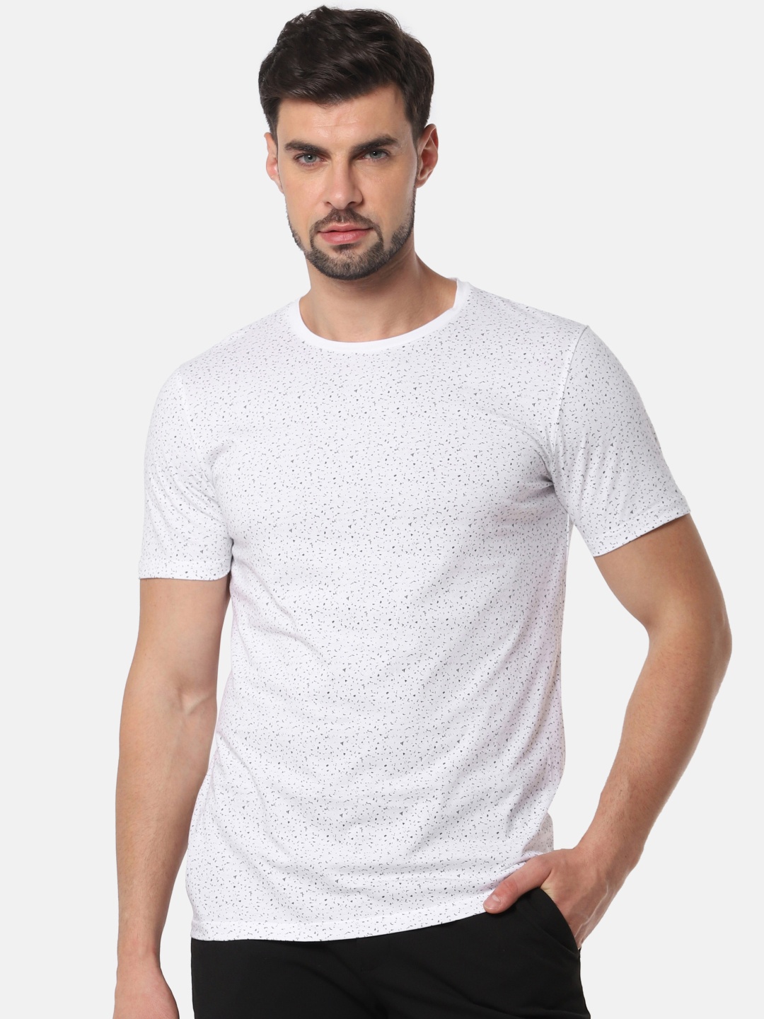 

SELECTED Men White Black Printed Round Neck Pure Cotton T-shirt