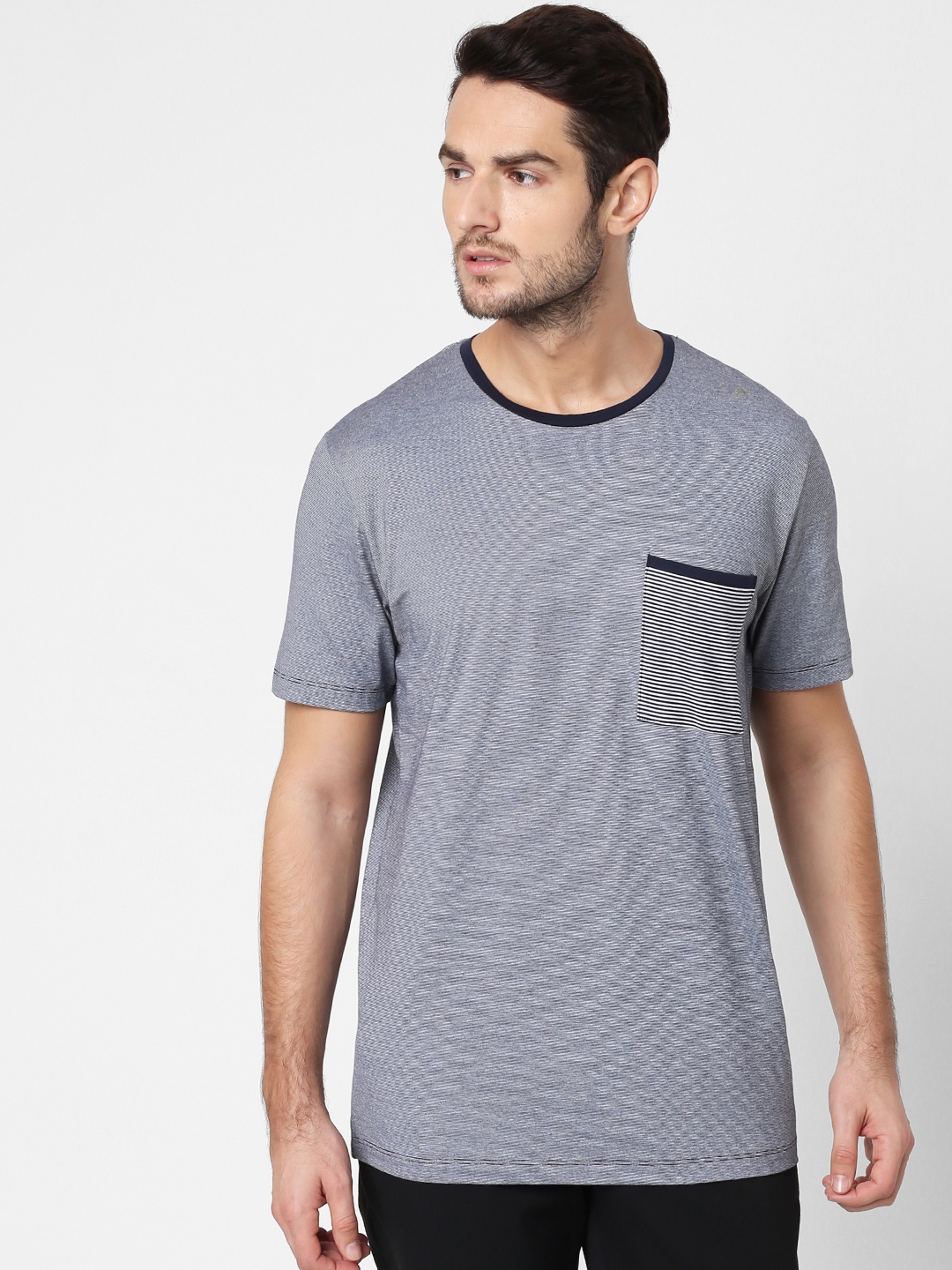 

SELECTED Men Blue Self Stripe Round Neck Pure Cotton T-shirt