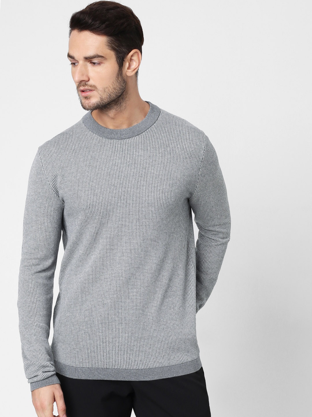 

SELECTED Men Grey & White Self Design Sweatshirt