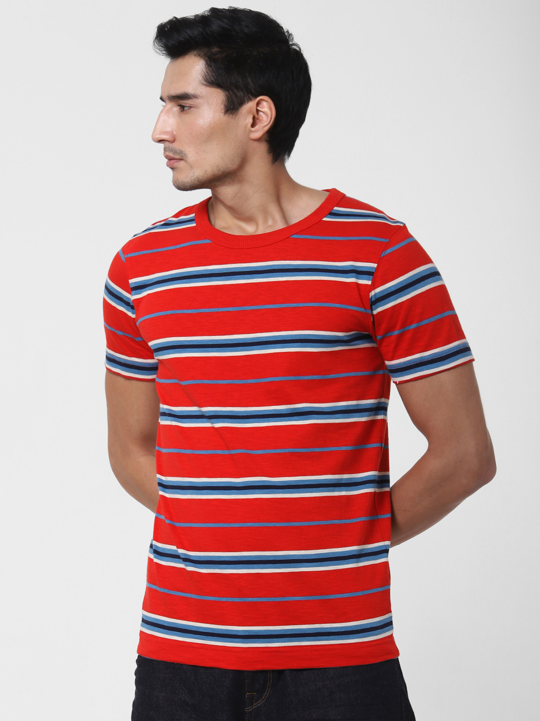 

SELECTED Men Red Blue Striped Round Neck Organic Cotton T-shirt