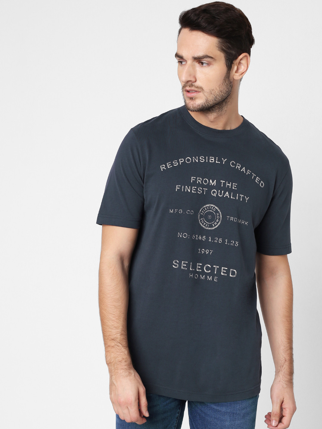 

SELECTED Men Navy Blue Printed Round Neck Organic Cotton T-shirt