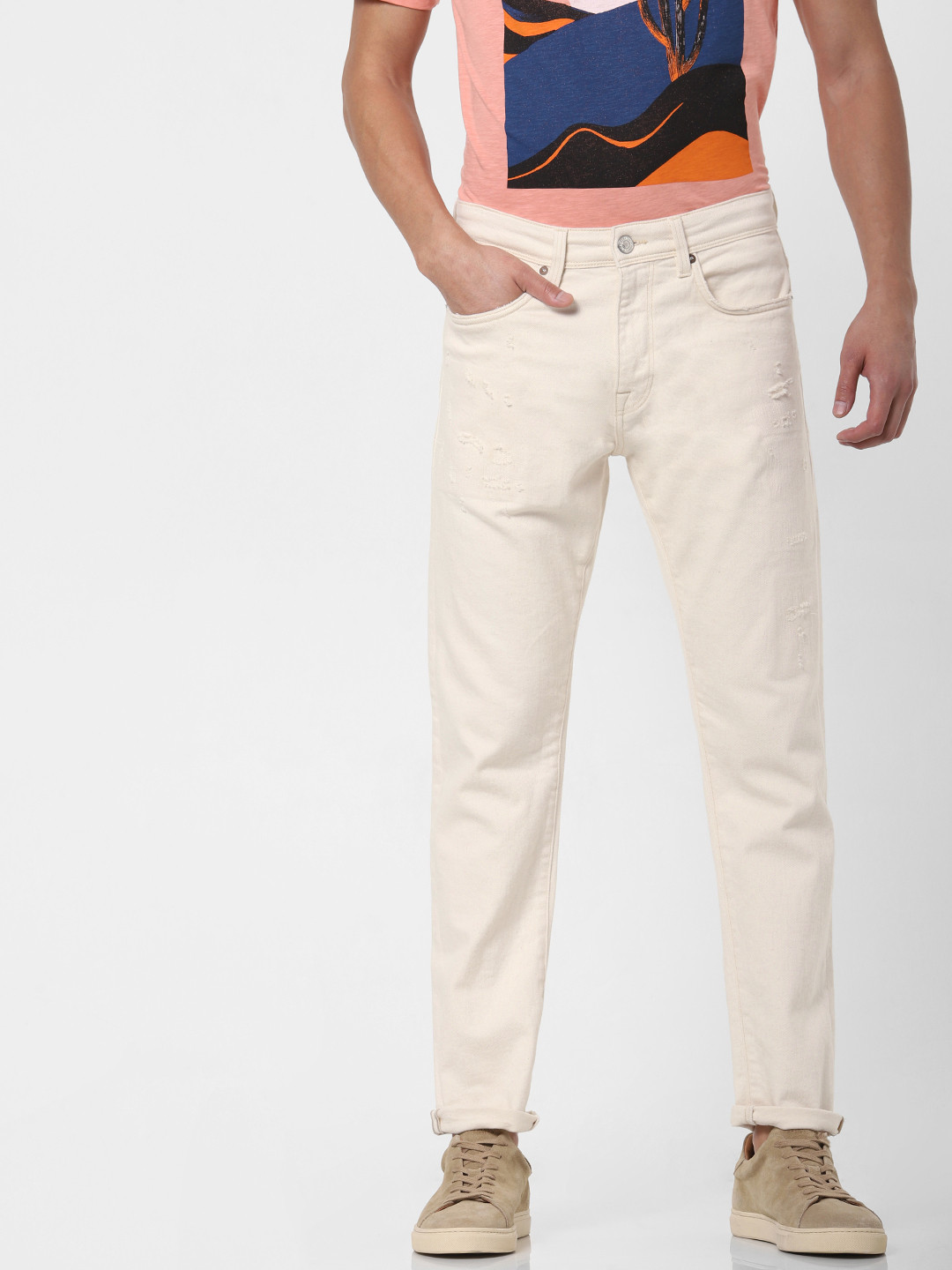 

SELECTED Men Off-White TOBY Slim Tapered Fit Mid-Rise Low Distress Stretchable Jeans