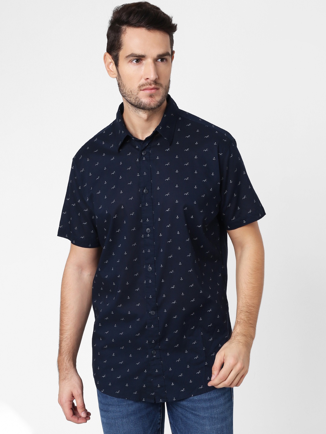 

SELECTED Men Navy Blue Slim Fit Organic Cotton Printed Casual Shirt