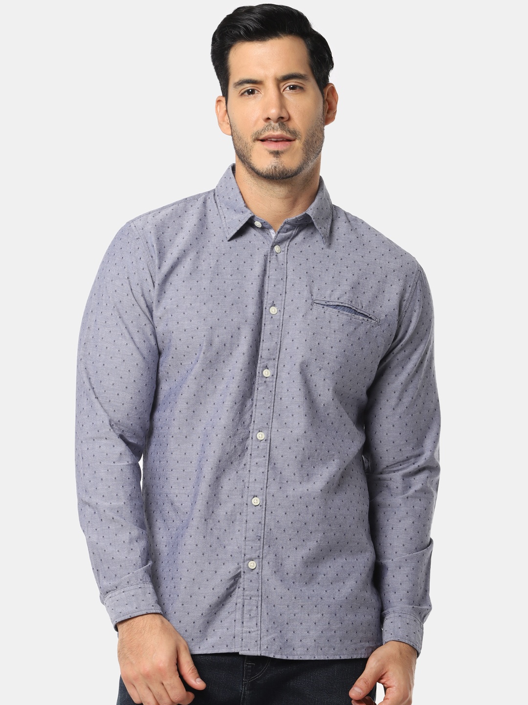 

SELECTED Men Blue Slim Fit Self Design Organic Cotton Casual Shirt