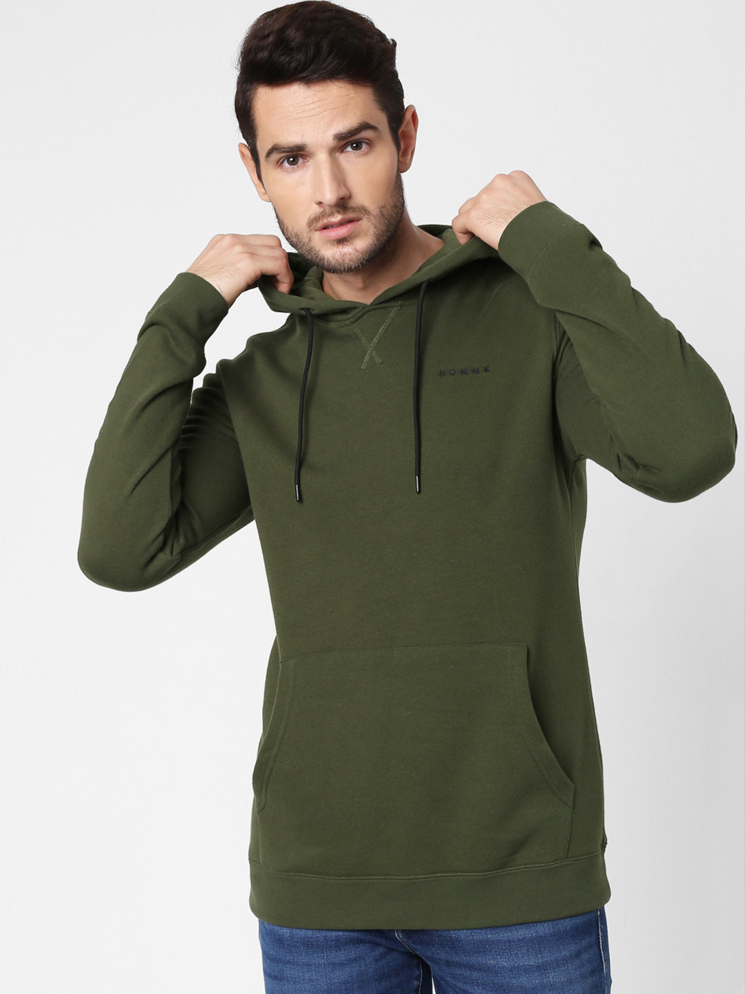 

SELECTED Men Green Solid Hooded Sweatshirt
