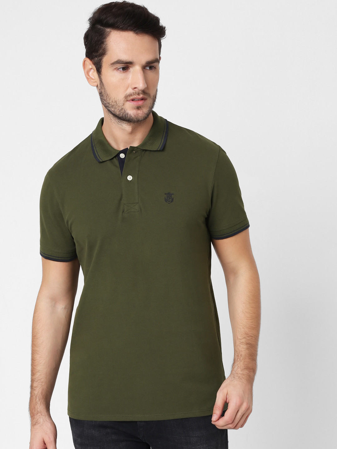 

SELECTED Men Green Solid Polo Collar T-shirt
