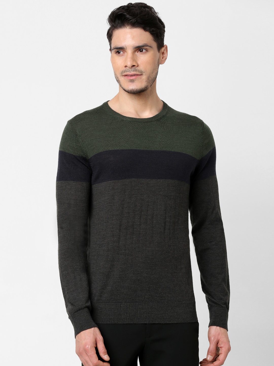 

SELECTED Men Grey & Olive Green Colourblocked Pullover Sweater