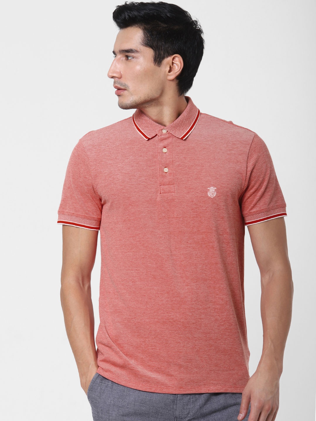 

SELECTED Men Red Solid Organic Cotton Polo Collar Organic Cotton T-shirt