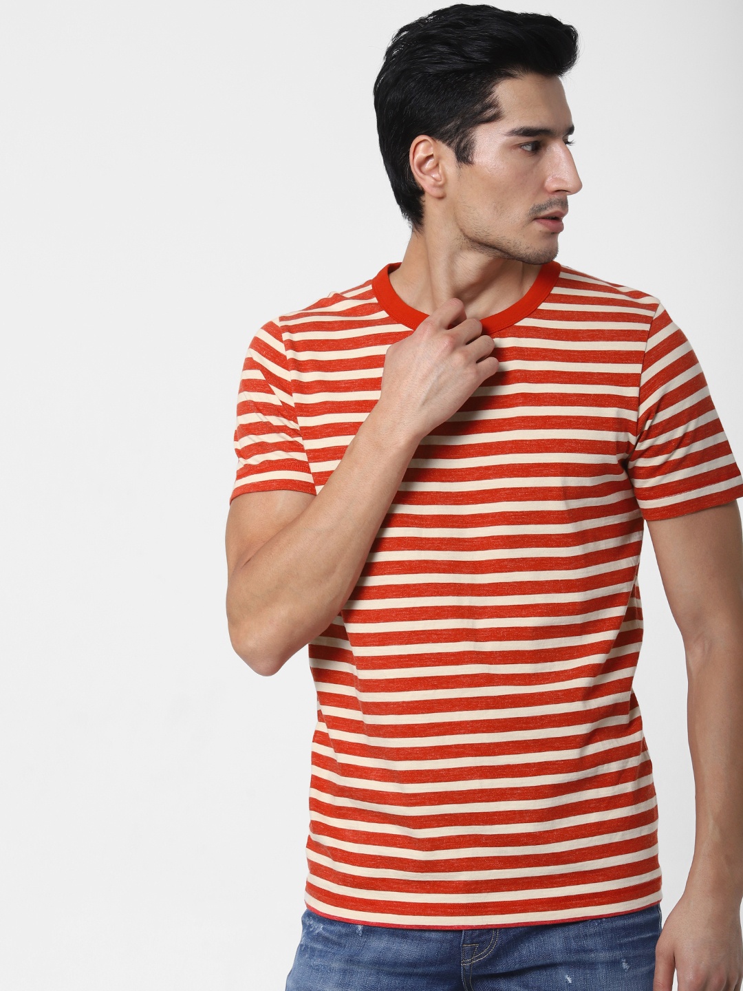 

SELECTED Men Red Off-White Striped Round Neck Organic Cotton T-shirt