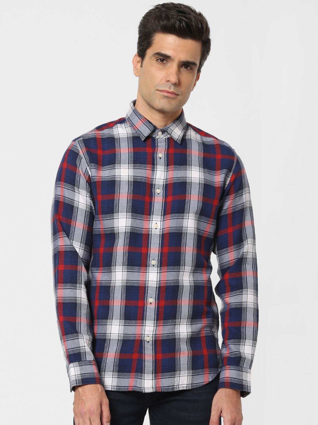 

SELECTED Men Navy Blue & Red Slim Fit Plaid Checked Casual Shirt