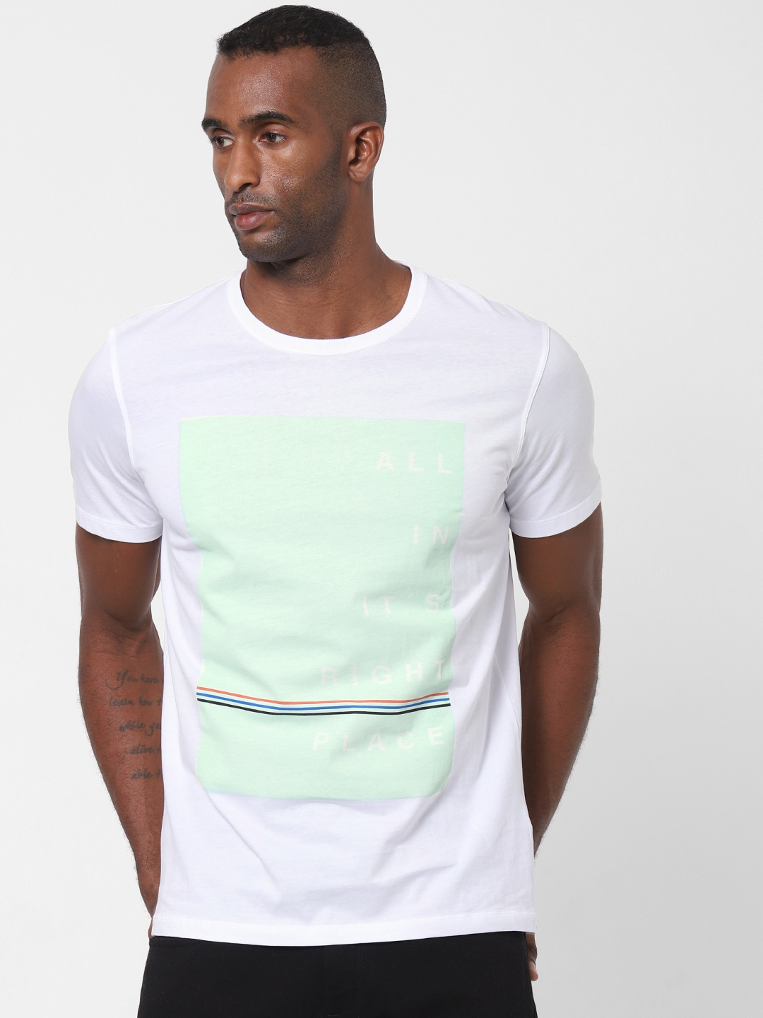 

SELECTED Men White Printed Round Neck Organic Cotton T-shirt