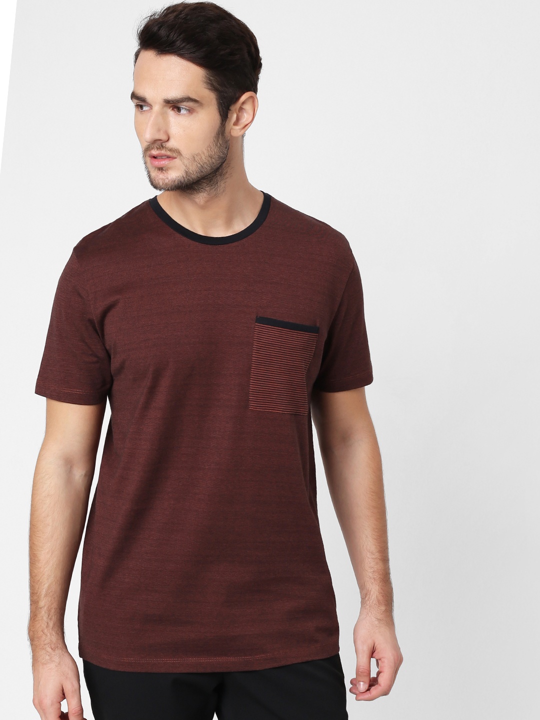 

SELECTED Men Brown Self-Striped Round Neck Pure Cotton T-shirt with Pocket Detailing