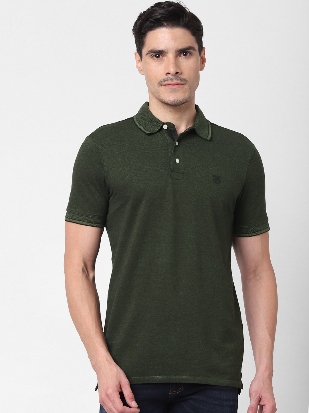 

SELECTED Men Olive Green Solid Polo Collar Organic Cotton T-shirt