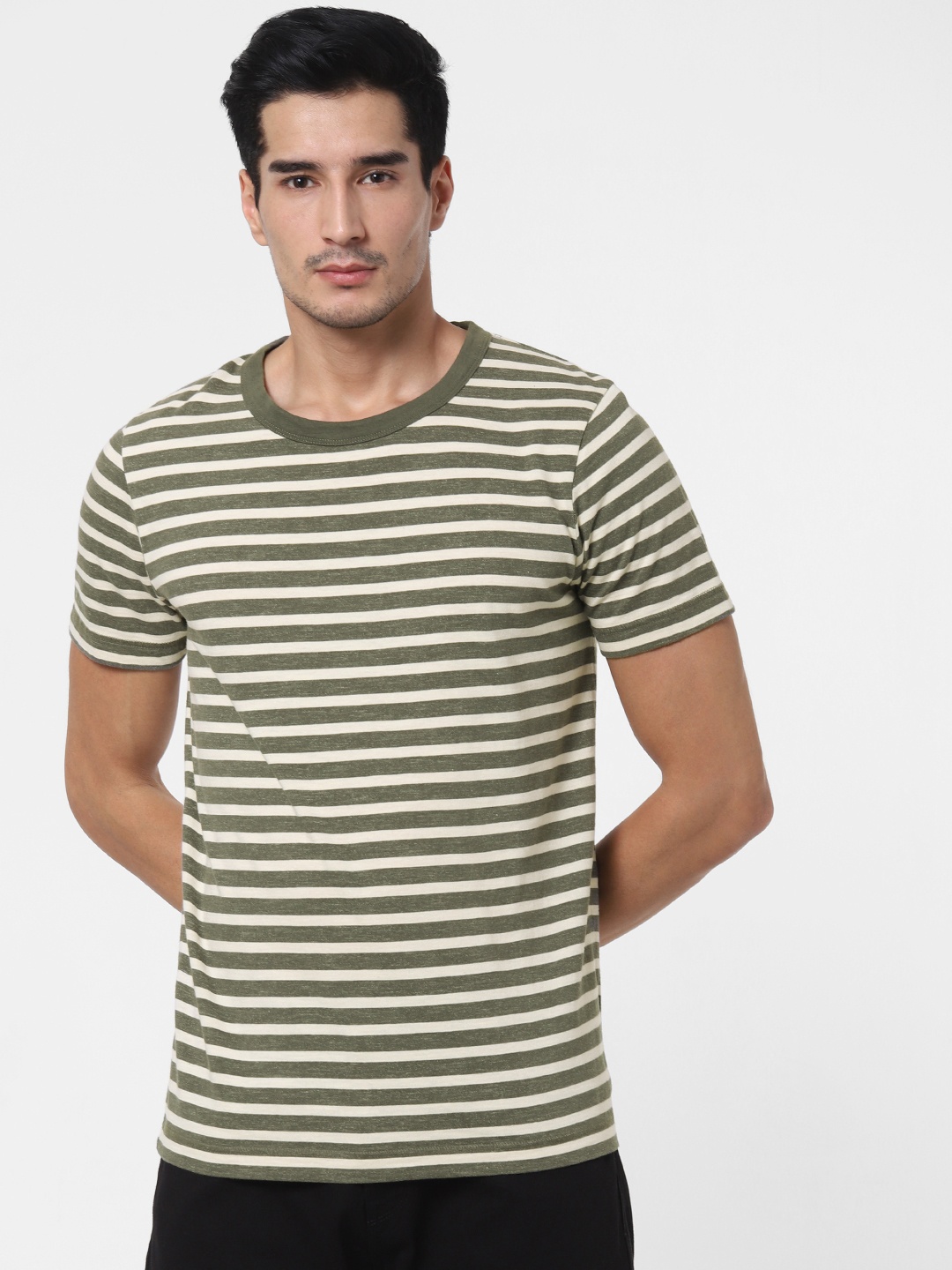 

SELECTED Men Olive Green Off-White Striped Round Neck Organic Cotton T-shirt